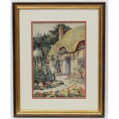 28 - Mid- late XX English Cottage School, Watercolour, Hollyhocks before a thatched cottage. 11 3/4. 8'' ... 