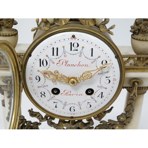 286 - ' Planchon , Paris ' Portico Clock : an 8 day Naxos ( white) marble and ormolou Portico Mantle clock... 