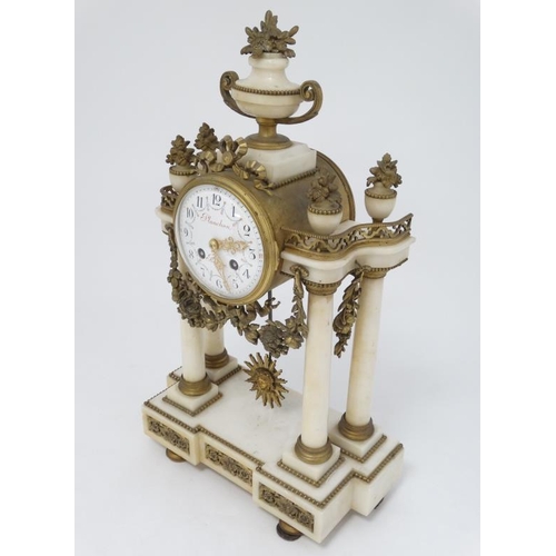 286 - ' Planchon , Paris ' Portico Clock : an 8 day Naxos ( white) marble and ormolou Portico Mantle clock... 