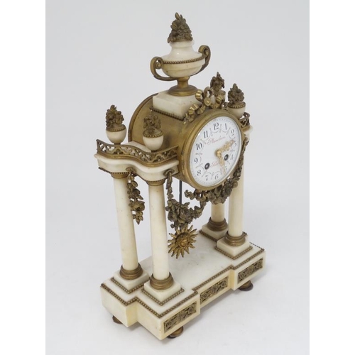 286 - ' Planchon , Paris ' Portico Clock : an 8 day Naxos ( white) marble and ormolou Portico Mantle clock... 