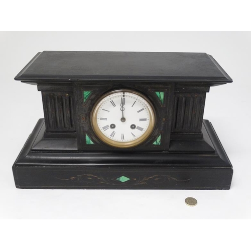 289 - Malachite and slate mantle clock : a XIX 8 day clock with Japy Freres Movement striking on a bell , ... 