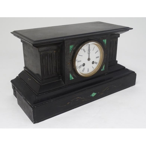 289 - Malachite and slate mantle clock : a XIX 8 day clock with Japy Freres Movement striking on a bell , ... 