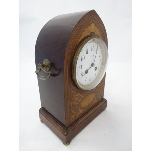 305 - Edwardian Lancet shaped inlaid mahogany Mantle clock : an R & Co , Paris (   Richard & Cie) inlaid m... 