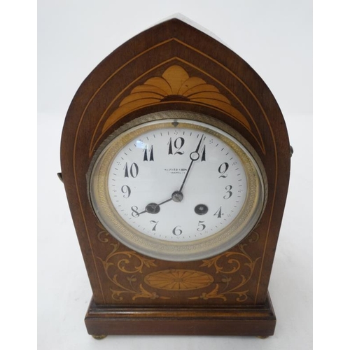 305 - Edwardian Lancet shaped inlaid mahogany Mantle clock : an R & Co , Paris (   Richard & Cie) inlaid m... 