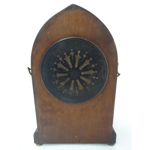 305 - Edwardian Lancet shaped inlaid mahogany Mantle clock : an R & Co , Paris (   Richard & Cie) inlaid m... 