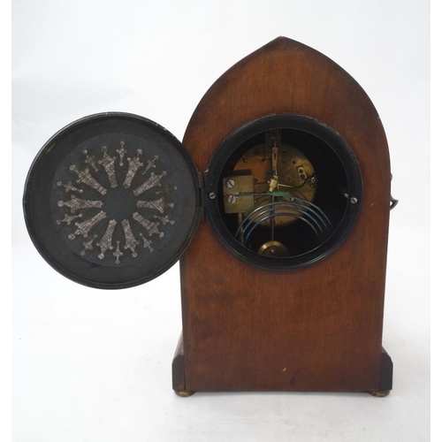 305 - Edwardian Lancet shaped inlaid mahogany Mantle clock : an R & Co , Paris (   Richard & Cie) inlaid m... 