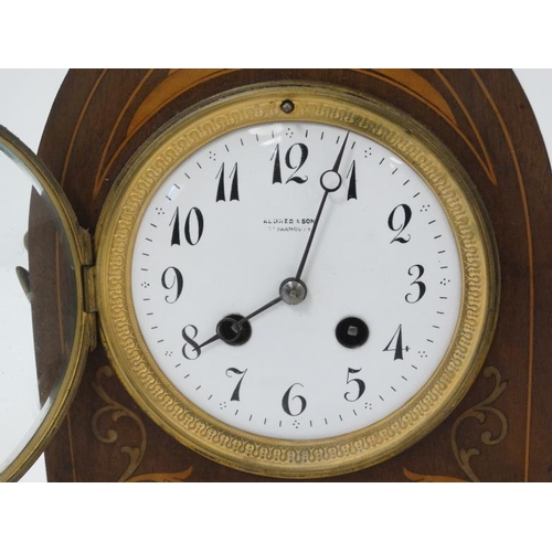 305 - Edwardian Lancet shaped inlaid mahogany Mantle clock : an R & Co , Paris (   Richard & Cie) inlaid m... 