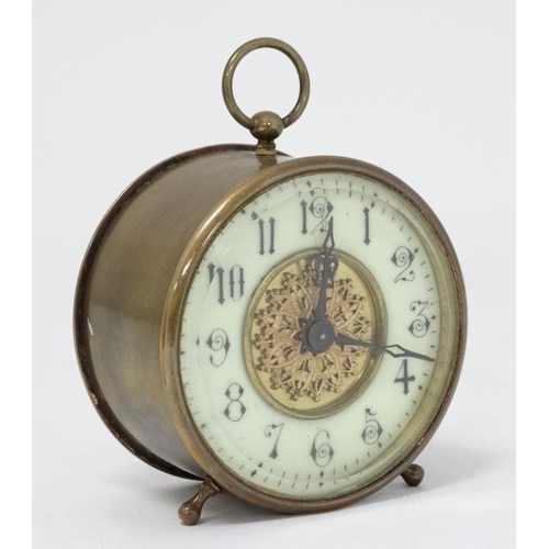 311 - C.1900 brass Bedside Clock : a bevelled glass fronted 3 3/4'' drum movement Timepiece with platform ... 