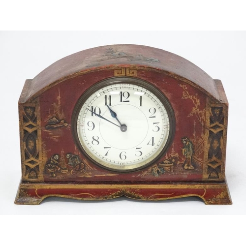 312 - 1920's Red lacquered mantle clock : a Chinoiserie red lacquer designed French clock ( timepiece ) wi... 