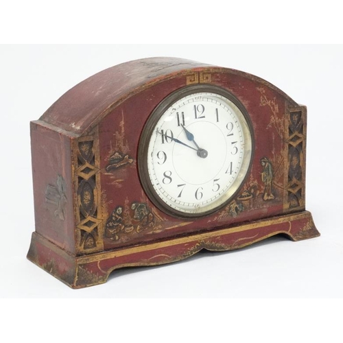 312 - 1920's Red lacquered mantle clock : a Chinoiserie red lacquer designed French clock ( timepiece ) wi... 