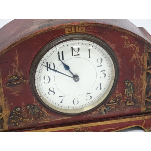 312 - 1920's Red lacquered mantle clock : a Chinoiserie red lacquer designed French clock ( timepiece ) wi... 