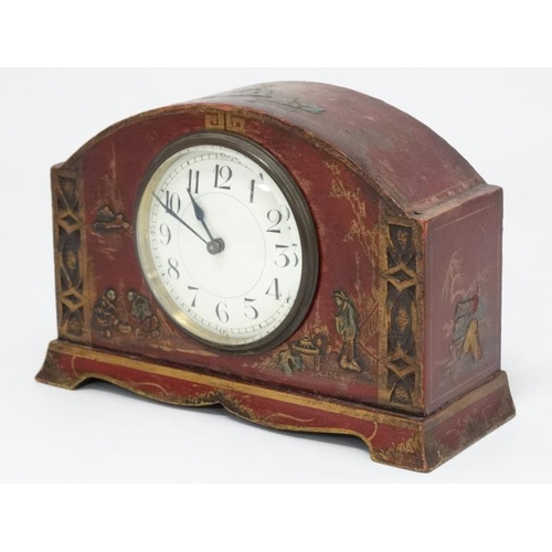 312 - 1920's Red lacquered mantle clock : a Chinoiserie red lacquer designed French clock ( timepiece ) wi... 