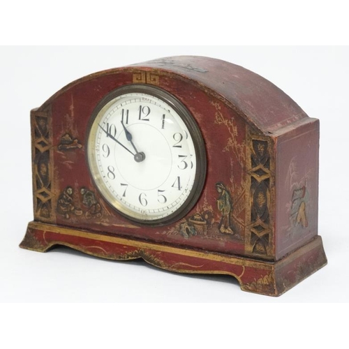 312 - 1920's Red lacquered mantle clock : a Chinoiserie red lacquer designed French clock ( timepiece ) wi... 