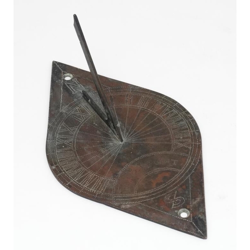 313 - Bronze Sundial : an XVIII / XIX bronze  elliptical  shaped Sun Dial , marked with North and South an... 