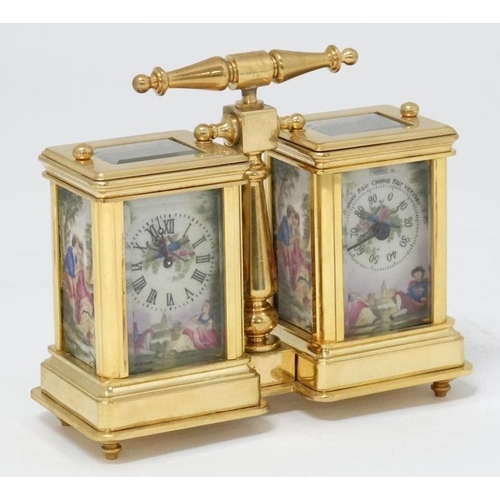 327 - A miniature Carriage Desk Compendium Set : a 21 st C brass cased miniature carriage clock and matchi... 