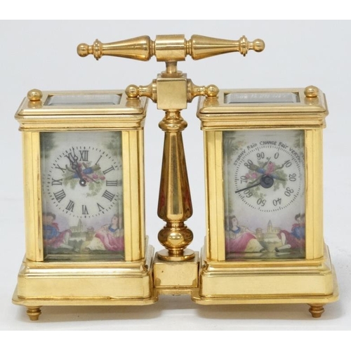 327 - A miniature Carriage Desk Compendium Set : a 21 st C brass cased miniature carriage clock and matchi... 