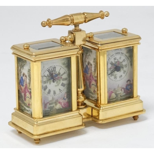 327 - A miniature Carriage Desk Compendium Set : a 21 st C brass cased miniature carriage clock and matchi... 