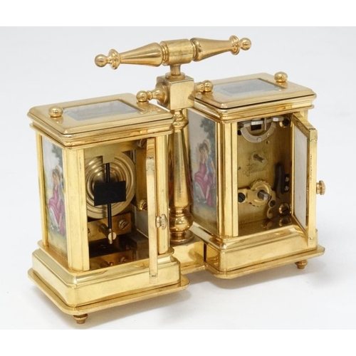 327 - A miniature Carriage Desk Compendium Set : a 21 st C brass cased miniature carriage clock and matchi... 