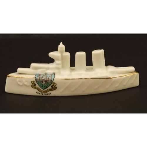 342 - Crestedware: A Willow Art China, Longton model of a World War 1 battle ship , bears 'Pontefract' cre... 