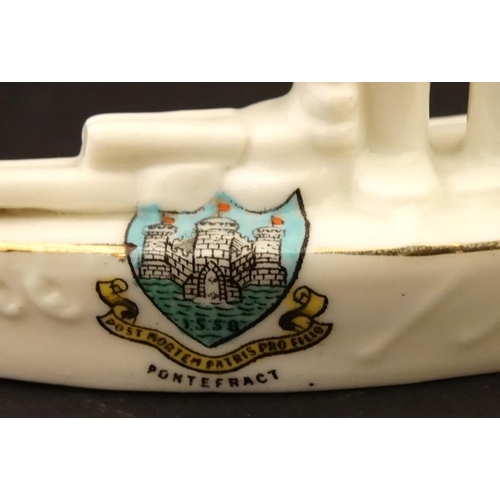 342 - Crestedware: A Willow Art China, Longton model of a World War 1 battle ship , bears 'Pontefract' cre... 