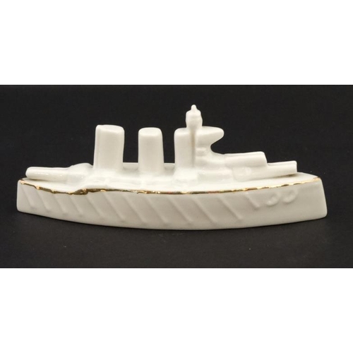 342 - Crestedware: A Willow Art China, Longton model of a World War 1 battle ship , bears 'Pontefract' cre... 