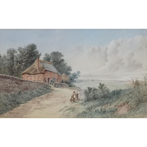 38 - W B Britton 1884, Watercolour, Figure drawing water from a country well with cottage etc, Signed and... 