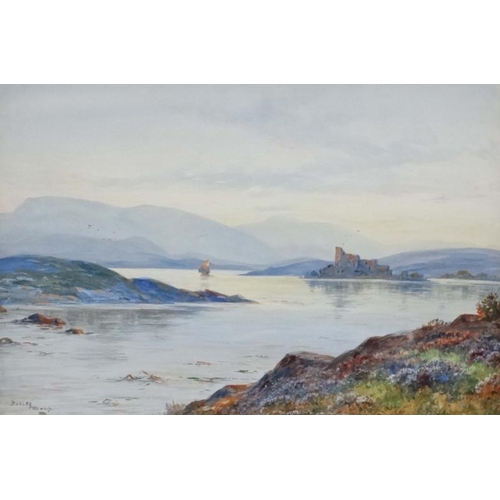 40 - Dudley J Ward  XIX Scottish School, Watercolour and gouache, A Scottish castle on a loch, Signed low... 