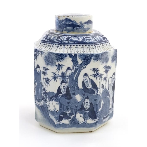 407 - A Blue and white Chinese ginger jar and cover of octagonal form , the sides decorated with wise men ... 