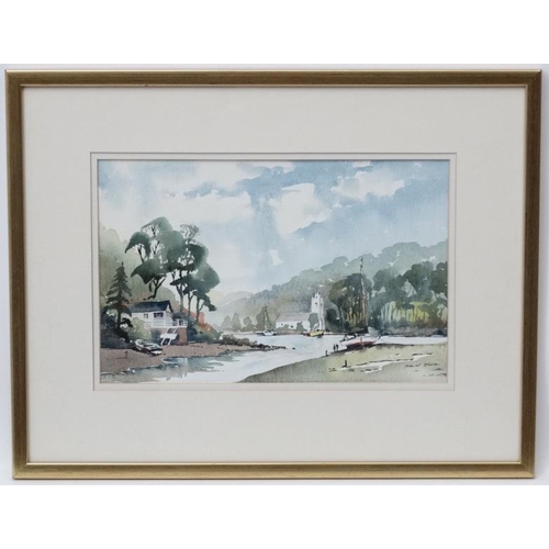 41 - David Oliver XX Cornish School, Watercolour, ' St. Just- Roseland , Cornwall ' a river inlet, Signed... 