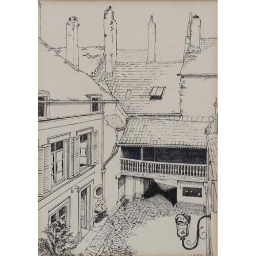 42 - LL Ash Mid - late XX, Pen & Ink,  An Inn Courtyard with open walkway balcony, Signed lower right. Ap... 