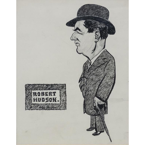 44 - Lee Rowlands XX (Leicester), Pencil, pen ink , caricature,  ' Robert Hudson '. Aperture 9 1/8 x 6 7/... 