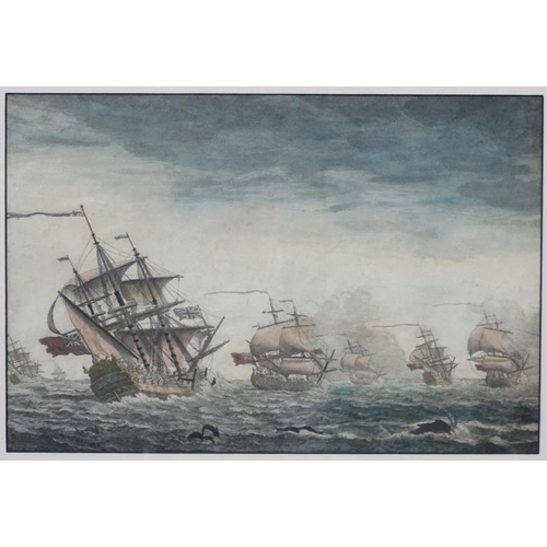 47 - (17thC) XVII? Marine School, Hand coloured etching, English sail ships under sail racing to battle w... 