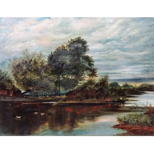 6 - E M Clarke 1907, Oil on canvas, Large River landscape, Signed and dated lower right.   28 x 36'' Ple... 