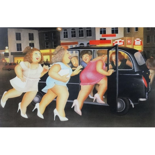 63 - Beryl Cook (1926-2008), Coloured print, ' Girls in a Taxi ', Aperture 8 7/8 x 12 7/8'', Illustrated ... 