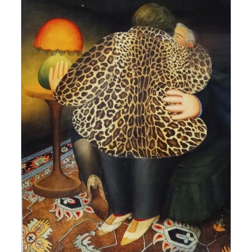 64 - Beryl Cook (1926-2008), Coloured print, 'The Leopard Skin Coat' Aperture 10 3/4'' x 8 1/2''. This im... 