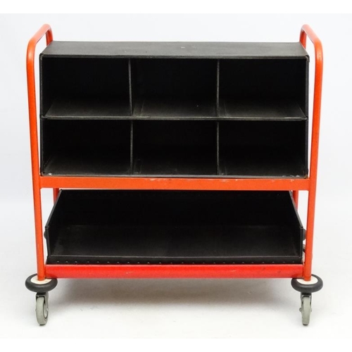 92 - Vintage Industrial : a painted Post sorting trolley  , with deep tray and shallow tray under , on ca... 