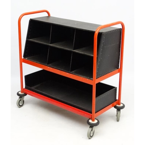 92 - Vintage Industrial : a painted Post sorting trolley  , with deep tray and shallow tray under , on ca... 