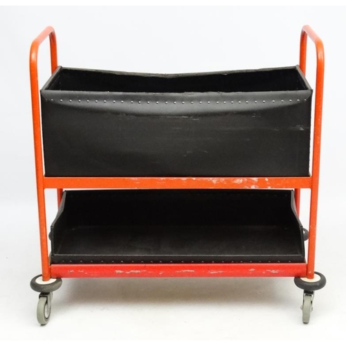 93 - Vintage Industrial : a painted Post sorting trolley  , with pigeon holes and tray under , on castors... 