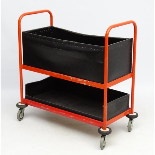 93 - Vintage Industrial : a painted Post sorting trolley  , with pigeon holes and tray under , on castors... 