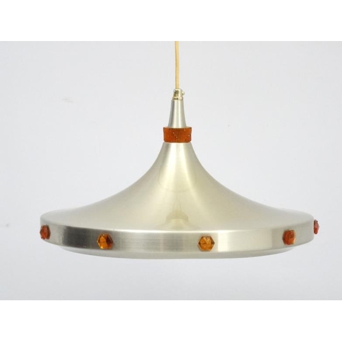 94 - Vintage Retro : A Danish pendant light by Vitrika  ,  with brushed aluminium  livery and 10 deep Amb... 