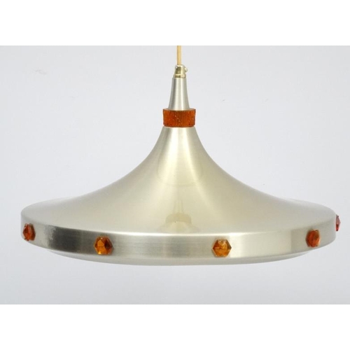 94 - Vintage Retro : A Danish pendant light by Vitrika  ,  with brushed aluminium  livery and 10 deep Amb... 