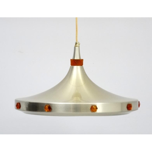 94 - Vintage Retro : A Danish pendant light by Vitrika  ,  with brushed aluminium  livery and 10 deep Amb... 