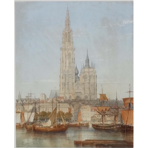 106 - John Dobbin (1815-1888) English, Watercolour and gouache, 'Antwerp' , Belgium , showing Cathedral of... 