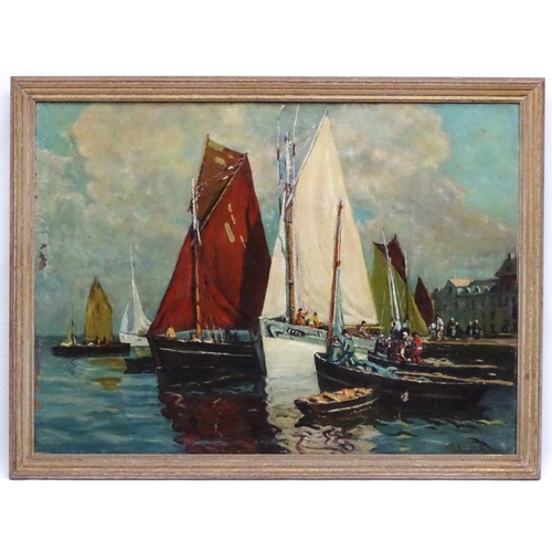 108 - G Tyradall ? 1924  Scandinavian School, Oil on canvas, Fishing boats in a harbour, Signed and dated ... 