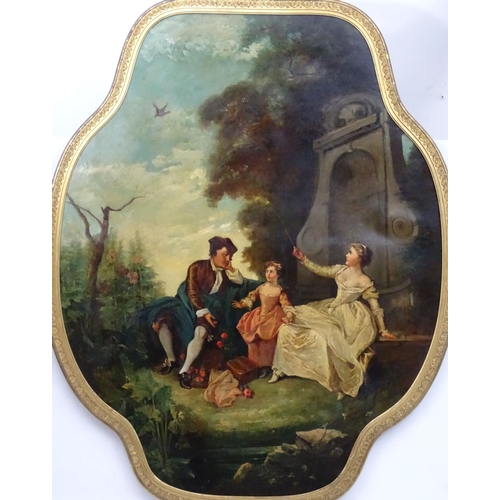 110 - W, Bates after Fragonard ,Circa 1900 , Quatrefoil shaped oil on canvas, The Picnic, Written in ink v... 