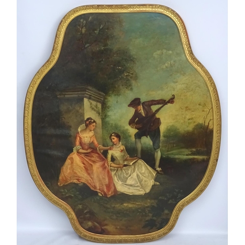 111 - W, Bates after Fragonard ,Circa 1900 , Quatrefoil shaped oil on canvas, The Picnic, Written in ink v... 