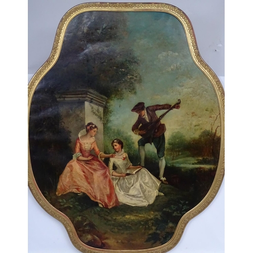 111 - W, Bates after Fragonard ,Circa 1900 , Quatrefoil shaped oil on canvas, The Picnic, Written in ink v... 