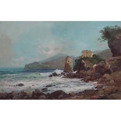 112 - P Cusain? (XX) French  Oil on canvas South of France coastline with villa Signed lower left, bears p... 