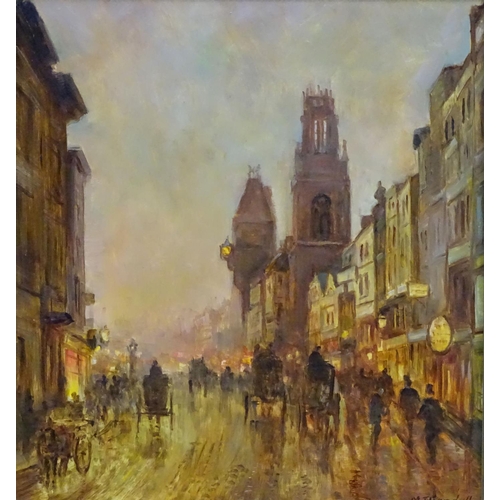 114 - M.J. Rendell XX ,French School, Oil on board, Street scene in early 1900's, horse carriages etc and ... 