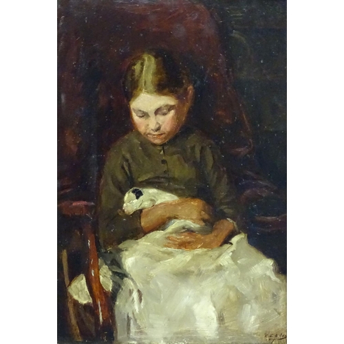 116 - Indistinctly Signed XIX Continental School, Oil on panel,  Girl with a newborn puppy dog in her arms... 